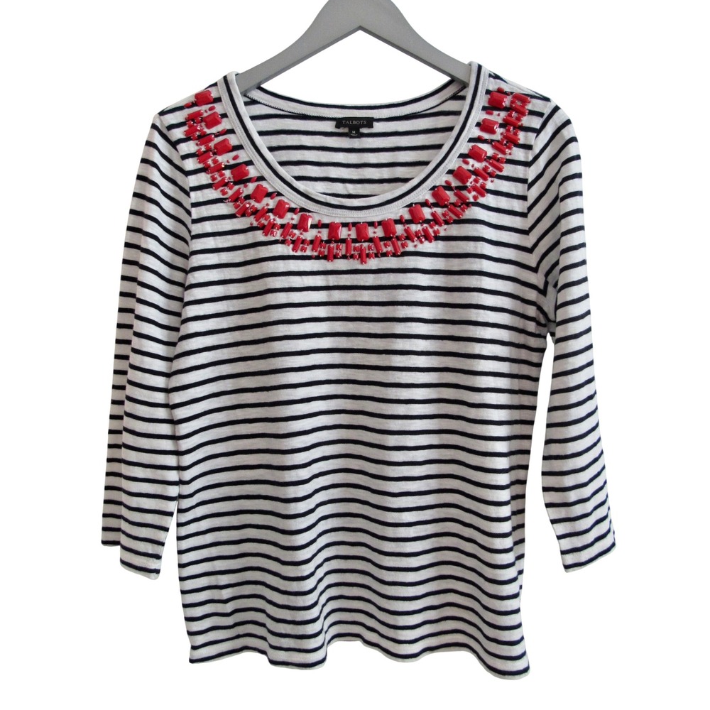 Talbots Black White Stripe Top‎ Womens M Red Beaded Nautical 3/4 Sleeve Coastal